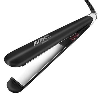 AVANTI black matte 1-inch titanium flat iron angled open on white background