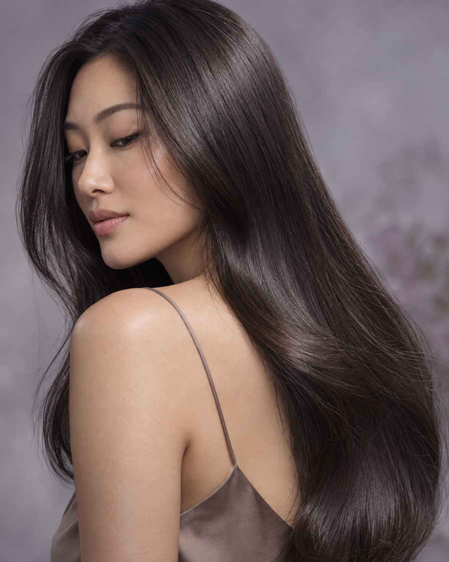 Model with smooth, polished dark hair